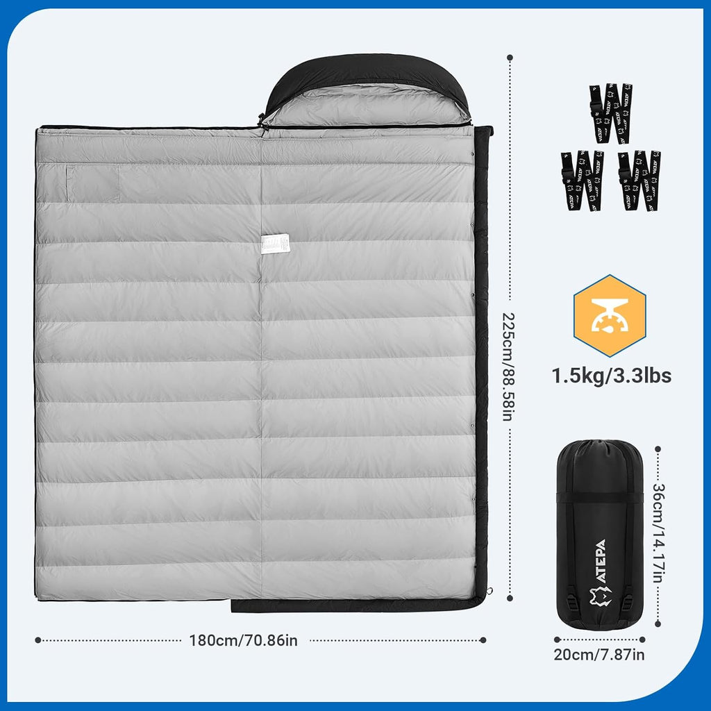 ATEPA Daunenschlafsack Winter Outdoor,Daunenschlafsack, Übergröße Ultraleichter, 3 Jahreszeiten Warm, XXL Leichtgewicht, großartiger Komfort, Ideal für Rucksacktouren Erwachsene Camping, Wandern