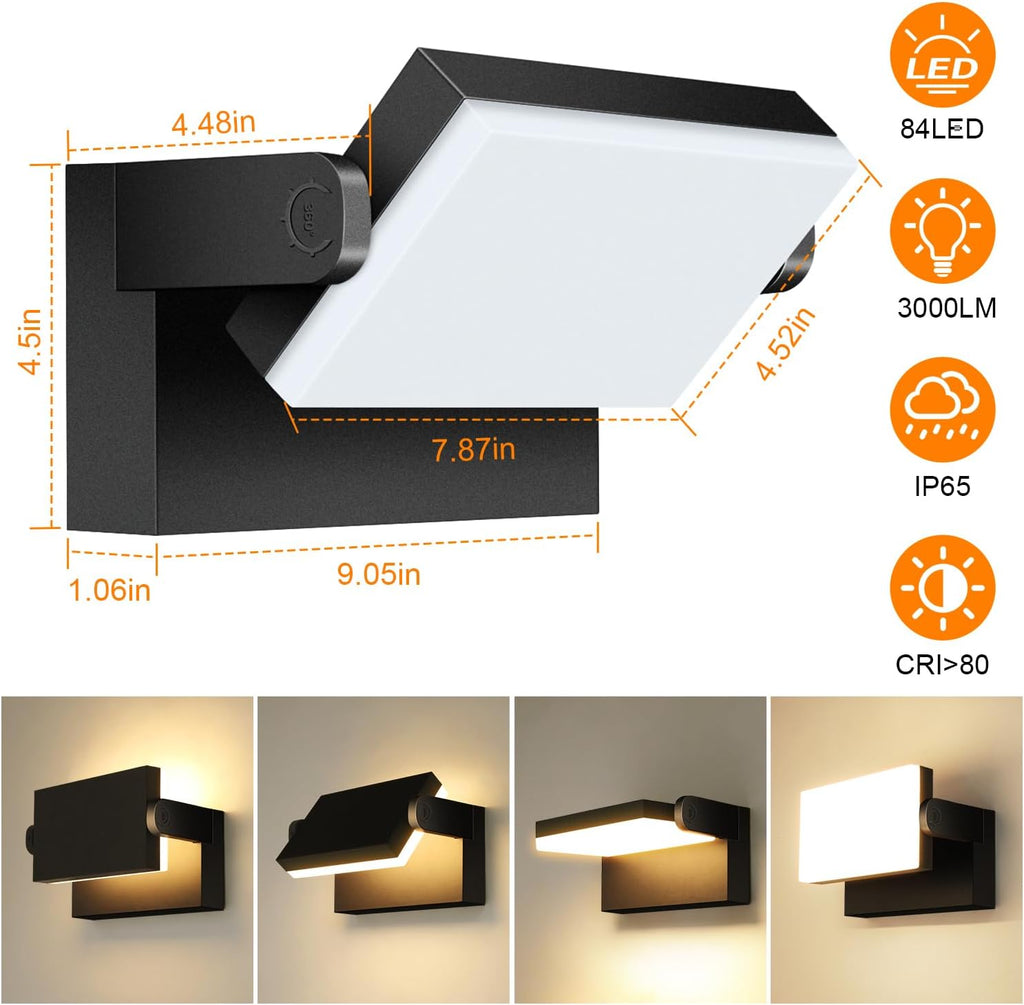 Kingwen 4 Pack 40W Wandleuchte Innen/Aussen 3000K Warmweiß Außenwandleuchte mit 360°Schwenkbar Panel LED Wandlampen Modern Außenlampe 3000LM LED Strahler Wasserdicht IP65 Wandleuchten Schwarz