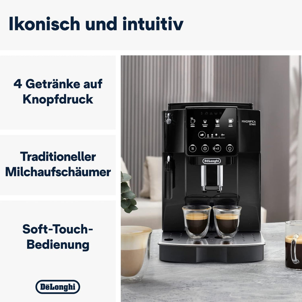 De'Longhi Magnifica S Smart ECAM 230.13.B Kaffeevollautomat mit Milchaufschäumdüse für Cappuccino, Espresso-, Kaffee- und Long Coffee Direktwahltasten und Drehregler, 2-Tassen-Funktion, Schwarz