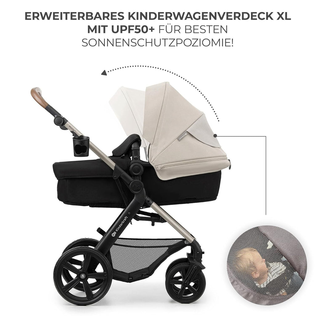 Kinderkraft MOOV2 AIR Passeggino 3 in 1 Set Passeggino fino a 26 kg con seggiolino auto I-SIZE 40-75 cm, funzione passeggino, schienale reclinabile, ampia capottina estensibile, ruote gonfiabili, nero
