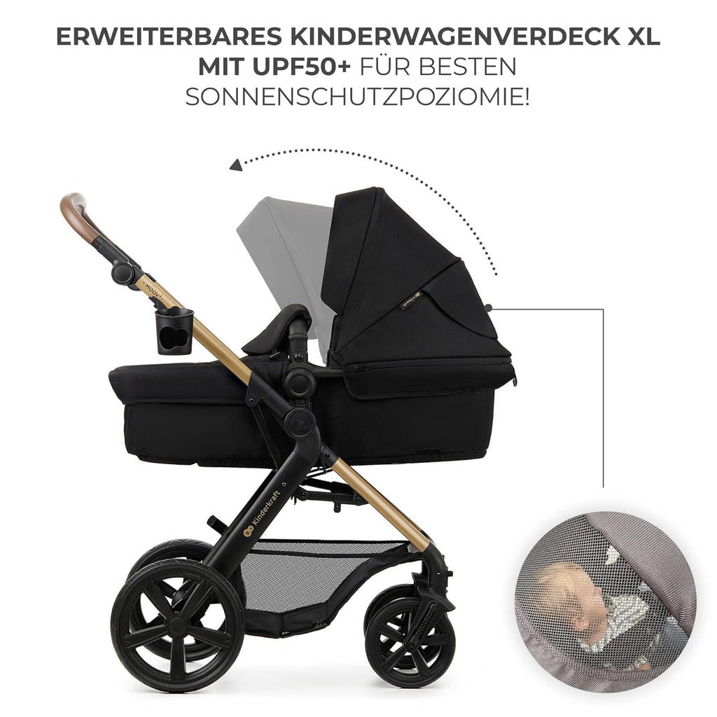 Kinderkraft MOOV2 AIR Passeggino 3 in 1, Set da 26 kg con seggiolino auto I-SIZE 40-75 cm, funzione passeggino, schienale reclinabile, ampia cappottina estensibile, ruote gonfiabili, grigio