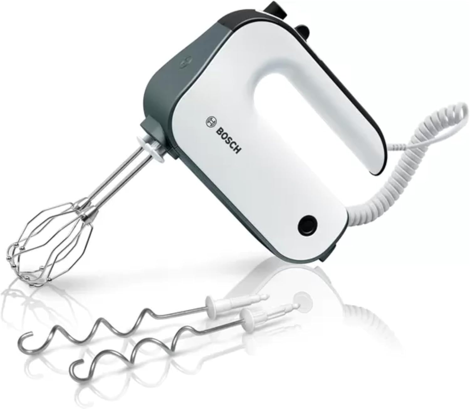 Bosch Sbattitore Elettrico Styline MFQ49300, 5 velocità, 2 fruste e 2 ganci impastatori in acciaio inox, cavo a spirale, 850 W, bianco/argento scuro
