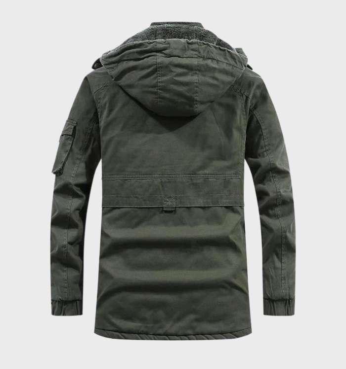 Thick men's cargo jacket with fleece lining and hood