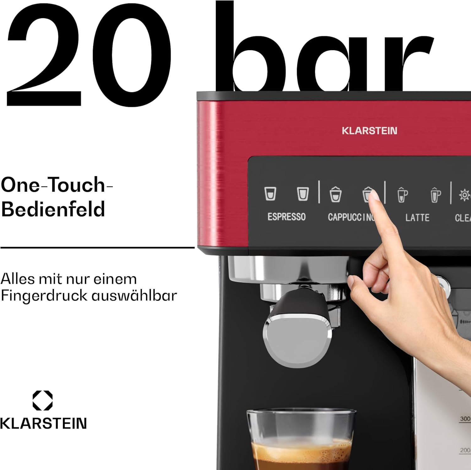 Klarstein Macchina da Caffè Espresso con Lancia Vapore, Macchinetta Caffè con Portafiltro, 1,8 L, 20 Bar, Acciaio Inox, Piccola, Serbatoio Latte 0,5 L, 1350 W, per Caffè in Polvere