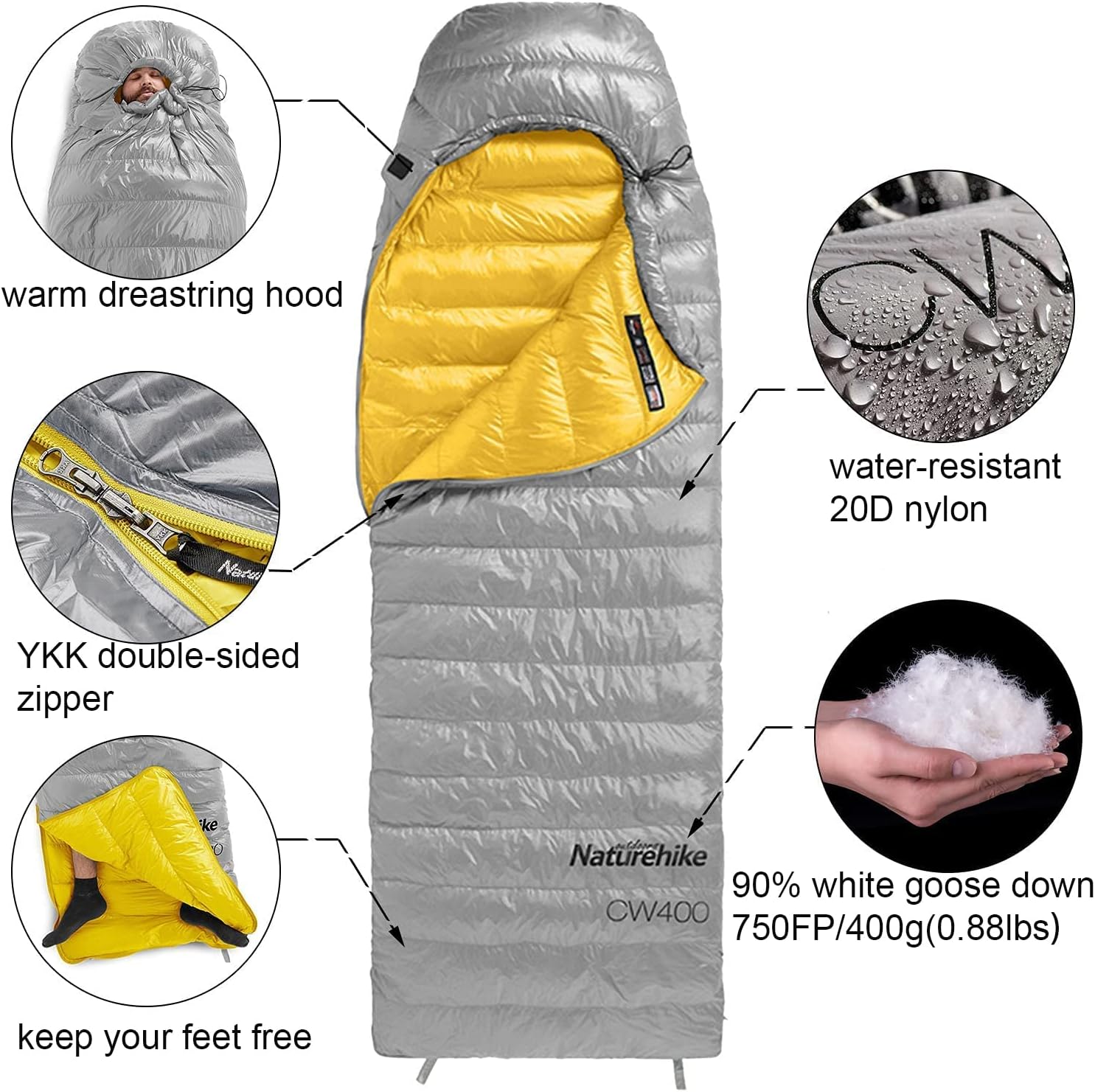 Naturehike CW700/CW400 Sacco a Pelo in Piuma, Ultraleggero, Portatile, Compatto, per Inverno, 4 Stagioni, per Adulti e Bambini, Campeggio, Escursionismo, Viaggi, con Sacco a Compressione