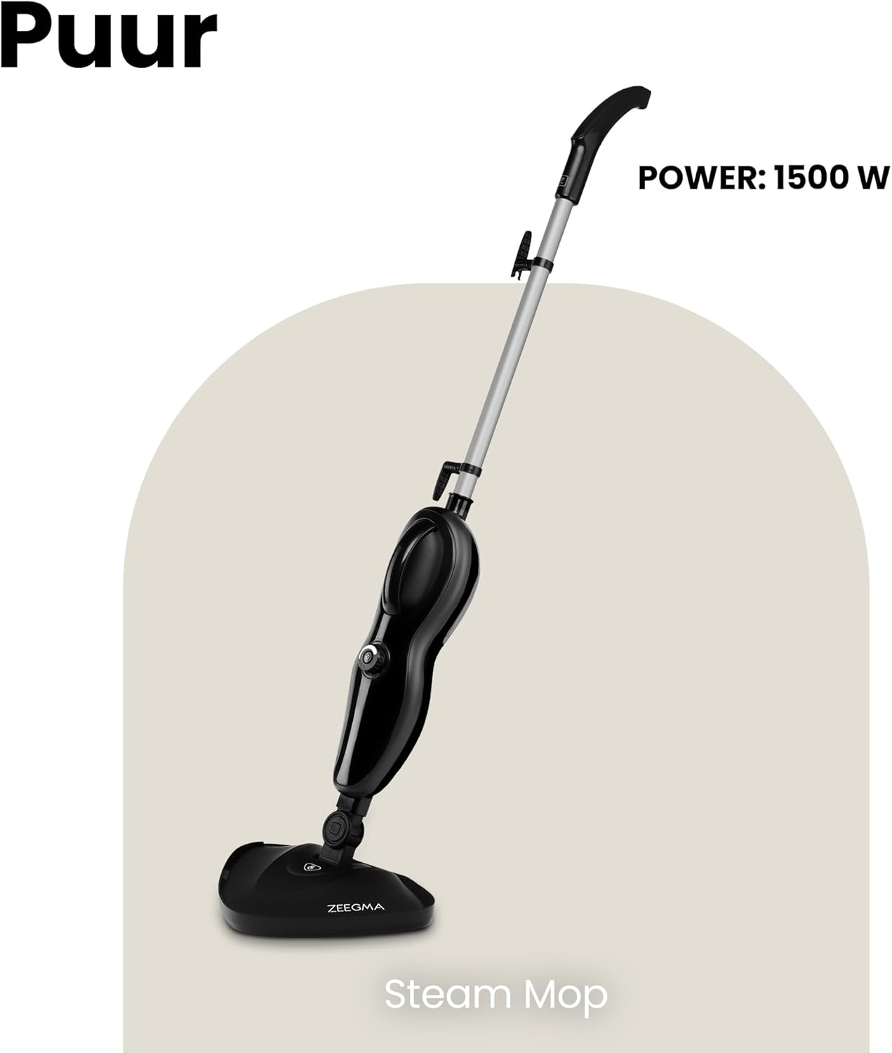 Zeegma PUUR Pulitore a Vapore, Pulizia Senza Prodotti Chimici, Pronto all'Uso in 25 Secondi, 7 Accessori Diversi, 2 Filtri per l'Acqua, Lunghezza Cavo 5m, Potenza 1500 W