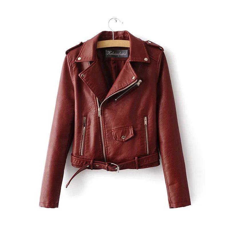 Elegante giacca in pelle da donna con cintura