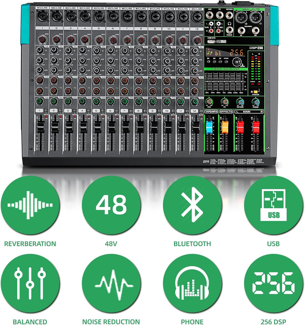 Depusheng PA12 Mixer DJ Professionale a 12 Canali con 256 Effetti DSP, Ingresso Bluetooth, Lettore USB, Alimentazione Phantom 48V