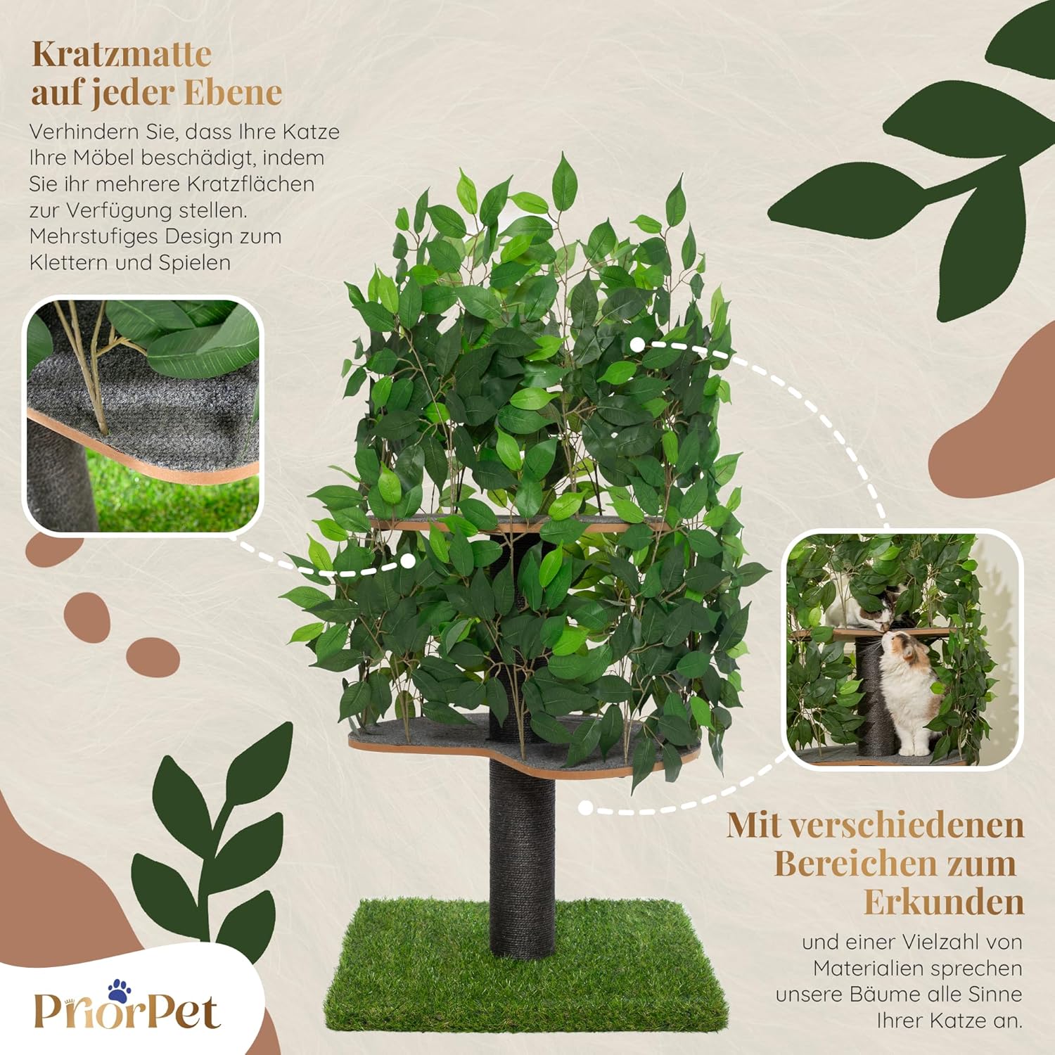 Tiragraffi albero naturale per arrampicarsi, nascondersi e dormire - grande con foglie intercambiabili - a più livelli, facile da montare - materiali sicuri per animali domestici, durevole e robusto albero per gatti brevettato