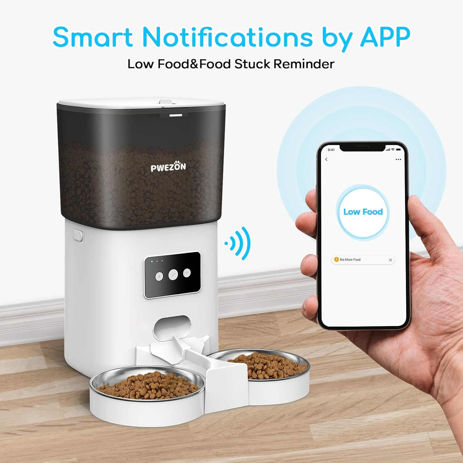 PWEZON Intelligenter WiFi Doppel-Futterautomat für Zwei Katzen, automatischer Katzen Futterautomat mit 2 Edelstahlnäpfen, 6L Trockenfutterspender mit App-Steuerung und Timer für Katze und Hund