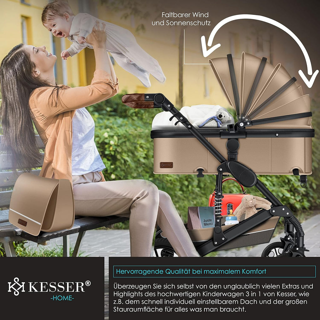 KESSER Passeggino trio Loops 3 in 1, set completo con navicella, seduta sportiva e seggiolino auto con pneumatici in gomma piena, borsa fasciatoio, parapioggia, tavolino, ECE R129, nero/champagne