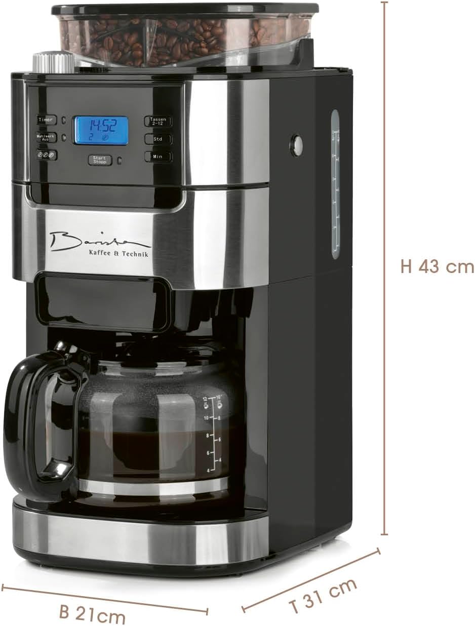 Barista Kaffeemaschine mit Mahlwerk | Filterkaffeemaschine mit Glaskanne | 900W Filtermaschine mit Touchdisplay & Timerfunktion für bis zu 10 Tassen | 1,25 Liter Kaffeekanne | Für Bohnen & Pulver