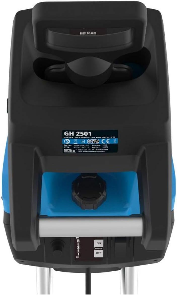 Güde Gartenhäcksler GH 2501 (2500 W, Messertechnik, wartungsarm, Selbsteinzug, Transporträder, Überlastsicherung, max. Astdicke 45 mm, inkl. Fangsack 45 L und Zuführhilfe)