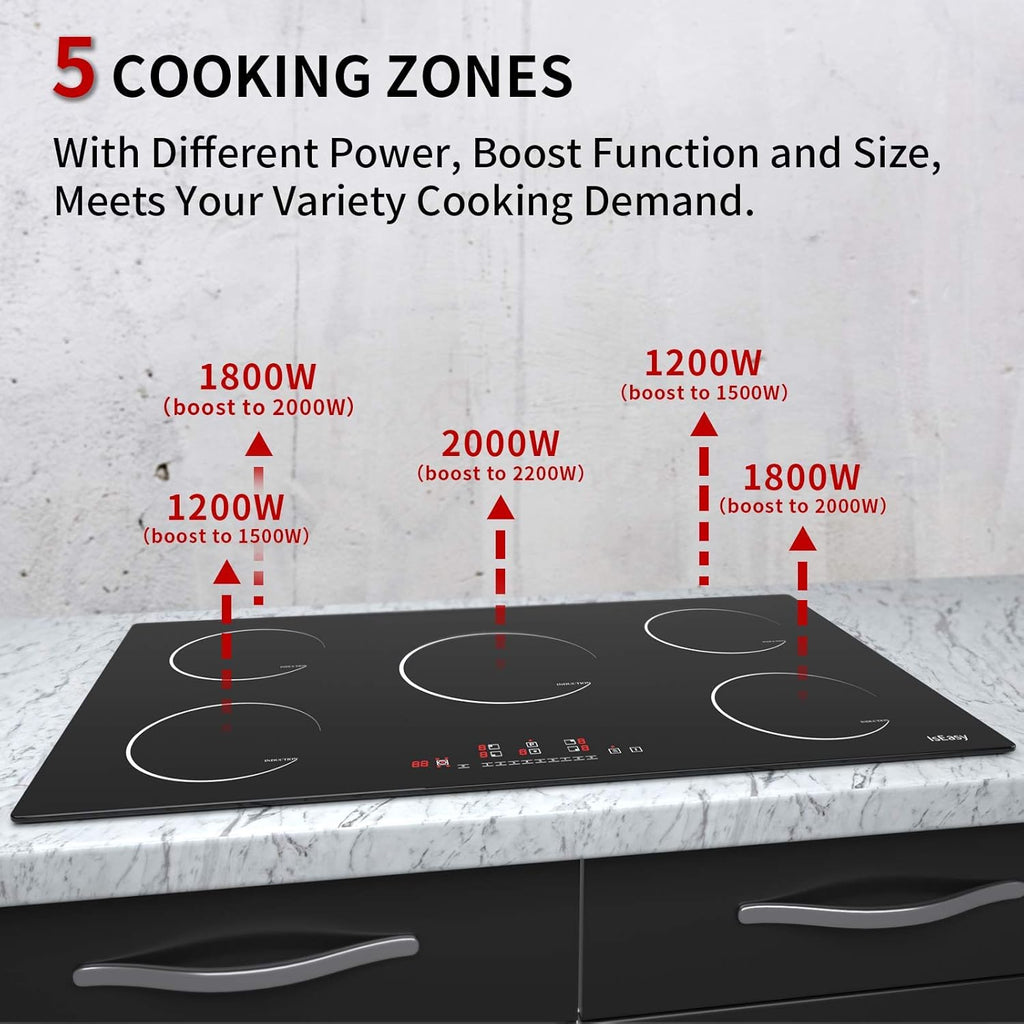 IsEasy 4 Zonen Einbau Induktionskochfeld mit 9 Leistungsstufen &1-99Min Timer, Boost-Funktion, Induktionskochplatte, Induktion Herdplatte mit 4 Platten, 60cm, 6800W, Schwarz