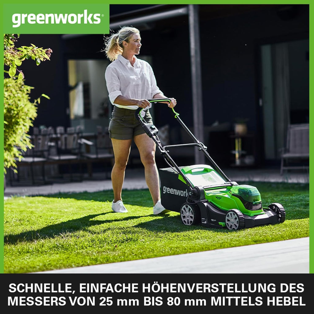 Greenworks 48V (2x24V) Selbstfahrender Akku Rasenmäher für große Flächen bis zu 480m², 46cm Schnittbreite, 55L Sack PLUS zwei 4Ah-Akkus und Doppelladegerät GD24X2LM46SPK4X