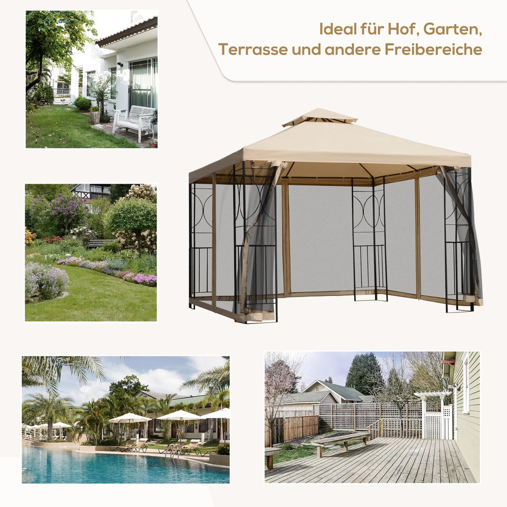 Outsunny Gazebo da Giardino con Doppio Tetto, Ripiani e Pareti Laterali in Rete