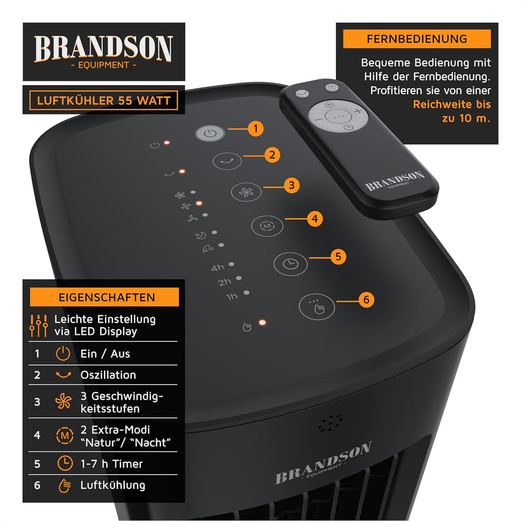 Brandson - Raffrescatore evaporativo 5 in 1 - Refrigeratore evaporativo, umidificatore, ventilatore e purificatore d'aria, condizionatore d'aria portatile senza tubo di scarico - Vincitore del premio 2025 - Silenzioso - Serbatoio dell'acqua da 5 litri