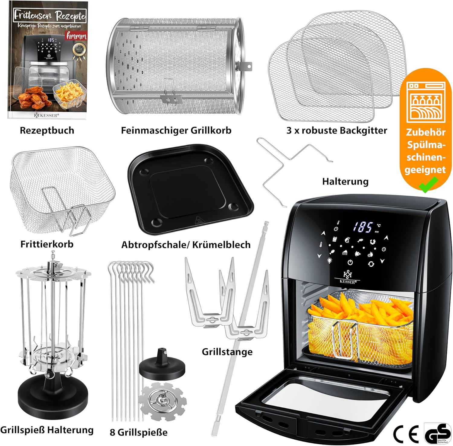 KESSER® XXL Airfryer 9in1 Heißluftfritteuse Fritteuse, | Drehgrill | Dörrautomat | Rezeptheft | Grillspieß | 1800 Watt | fettfrei grillen ohne Öl | 8 Programme | inkl. Zubehör Schwarz