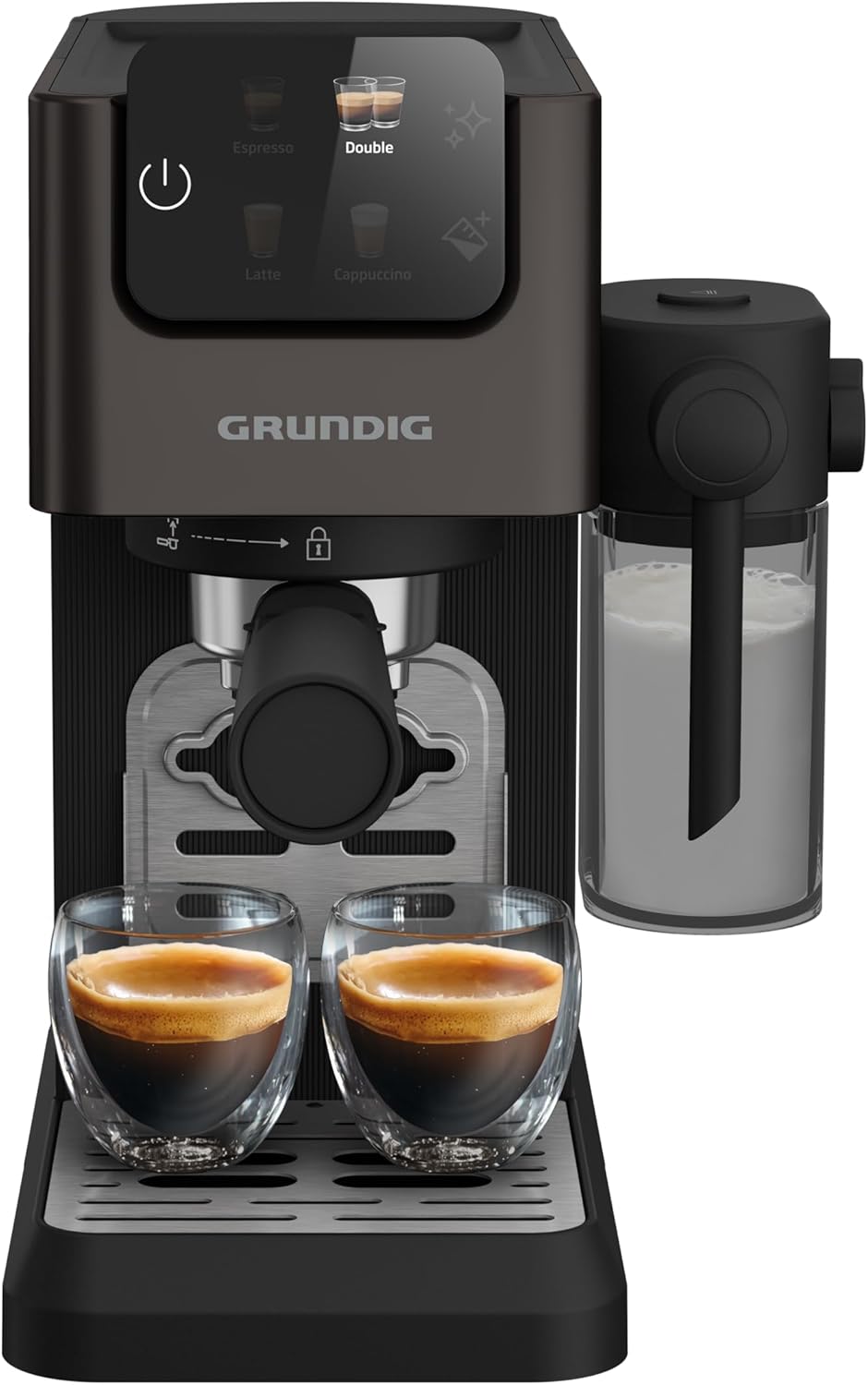 GRUNDIG KSM 5330 Macchina da caffè con portafiltro e contenitore per il latte integrato, 1628 W di potenza, 15 bar di pressione della pompa, ugello doppio, display touch a colori, BrewSense, CreamyPro, Inox scuro/Nero