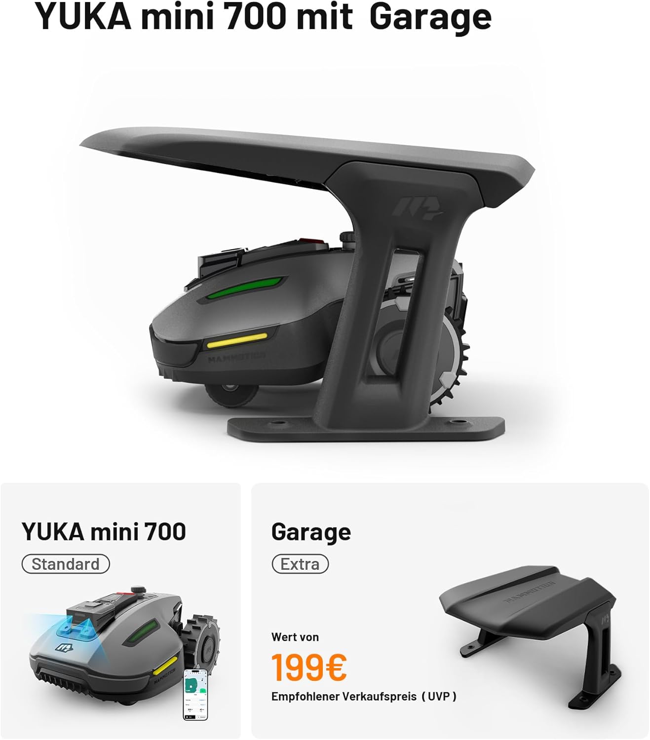 MAMMOTION YUKA Mini 500 Mähroboter ohne Begrenzungskabel, NetRTK+Vision, Keine RTK-Antenne erforderlich, Auto-Kartierung, Empf. 500m², Max. 700m², mit 4G-Modul, 50% Steigung