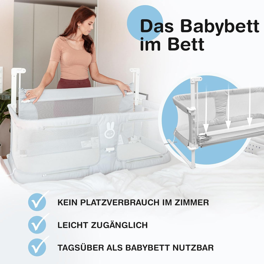 BabybeFun Beistellbett Baby [Stillen im eigenen Elternbett] Babybett für Boxspringbett und normales Bett mit Überrollschutz [Extra Sicher] Rausfallschutz Bett | Kinderbett Alternative