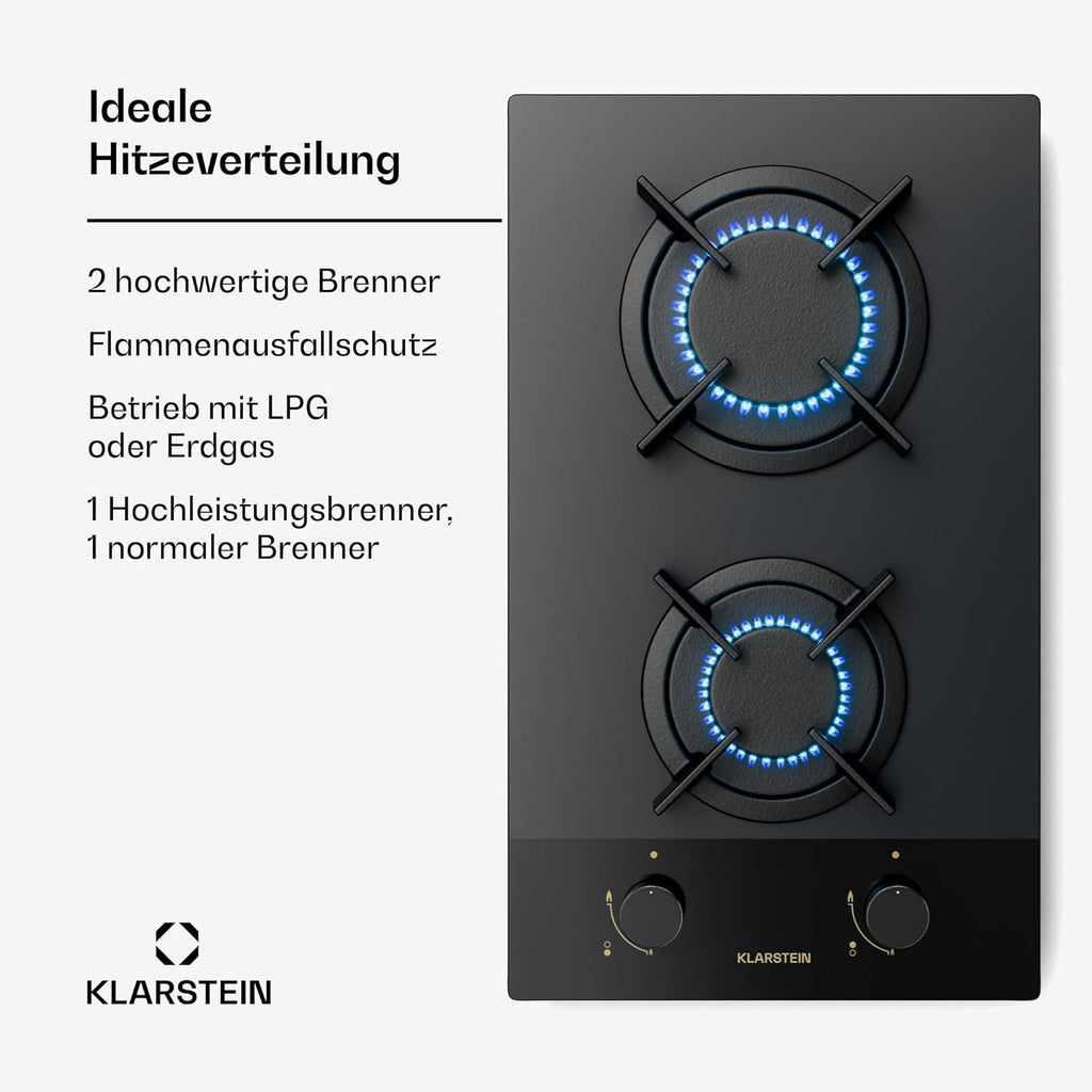 Klarstein Gasherd, Gaskochfeld 4 Flammig, Einbau-Gaskocher für Zuhause & Wohnmobil, Campingkocher mit Glasplatte, Gasherd für Propan- und Erdgas, Edelstahl Gas-Herdplatte Wok Brenner 8000 Watt