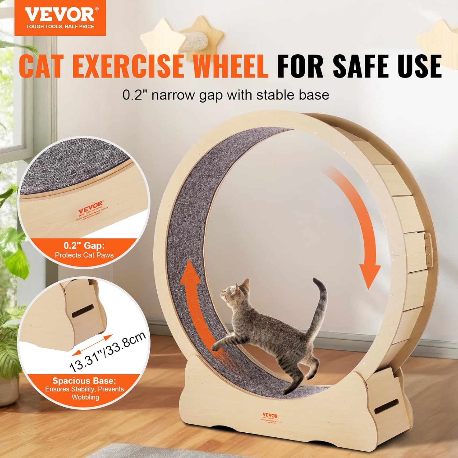VEVOR Ruota Esercizio per Gatti in Legno, Tapis Roulant per Gatti da Interno da 132 cm, Ruota per Gatti con Moquette Rimovibile e Bacchetta Giocattolo per Gatti per Corsa/Camminata/Esercizio, Adatta per la Maggior Parte dei Gatti Fino a 13 kg