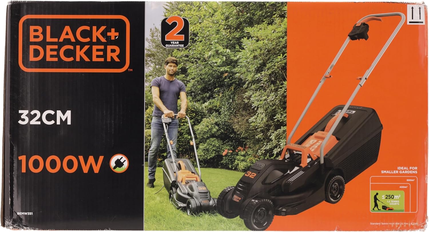 Black+Decker Elektro-Rasenmher (1.000 W, 32cm Schnittbreite, 3-fach axial Schnitthhenverstellung, 35l Grasfangbehlter, ideal für kleine Grten) BEMW351 Multicolor