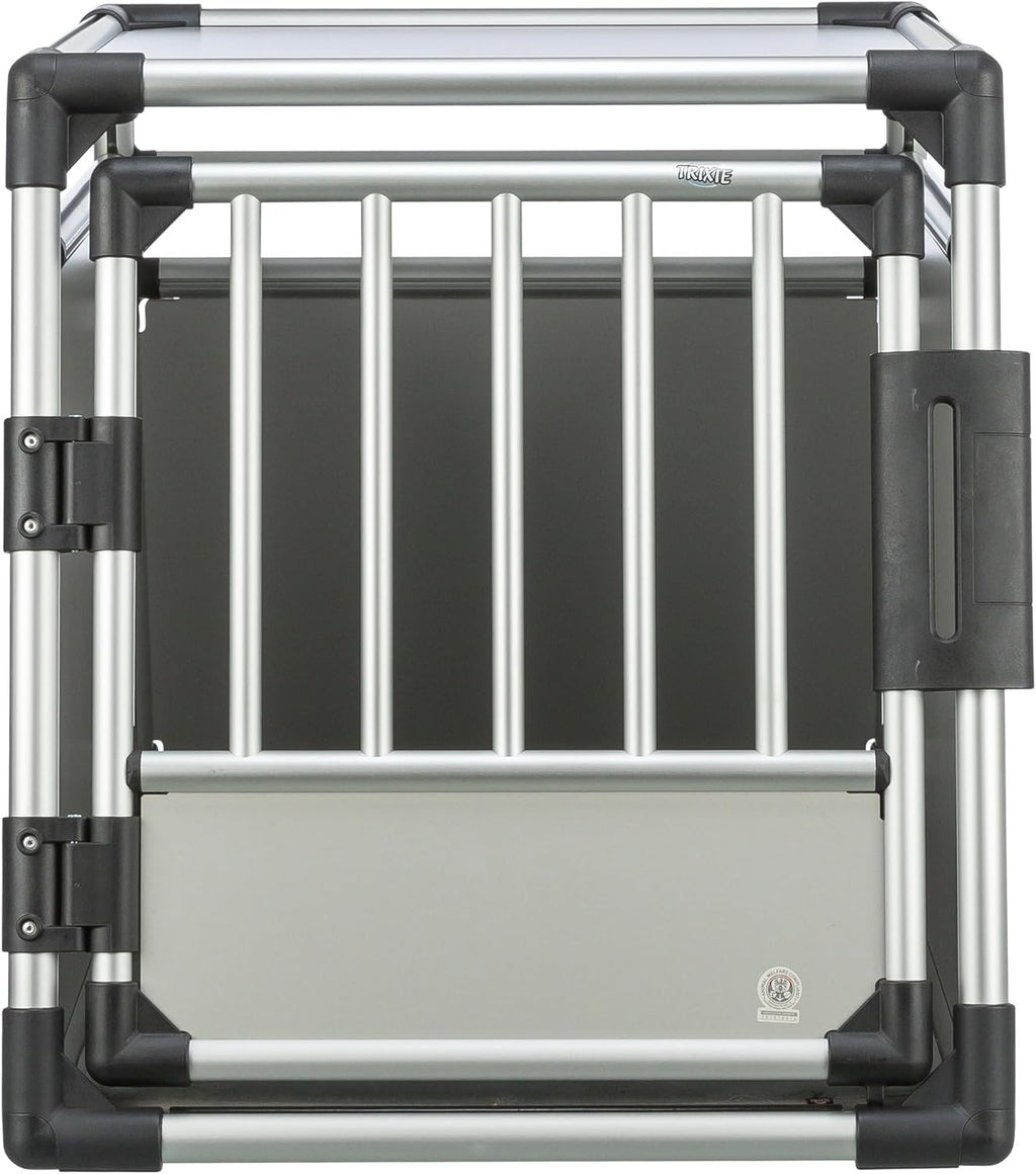 TRIXIE Hunde-Transportbox Aluminium in silber – M: 55 × 62 × 73 cm, stabile und geräuscharme Hundebox mit abgeschrägten Seiten, Sicherheitsverschluss & rutschfester Liegematte – 39342
