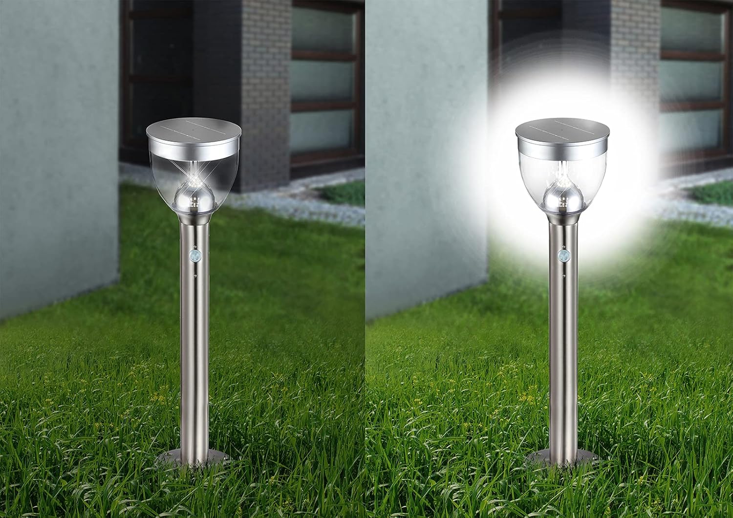 Solarlampen mit Sensor Garten Set 2 Stück - Solarleuchten Wegeleuchten Außen mit Bewegungsmelder - Solarlampe Höhe 55 cm - Außenleuchte Edelstahl - Solarleuchte Gartenlampe Solar Wetterfest