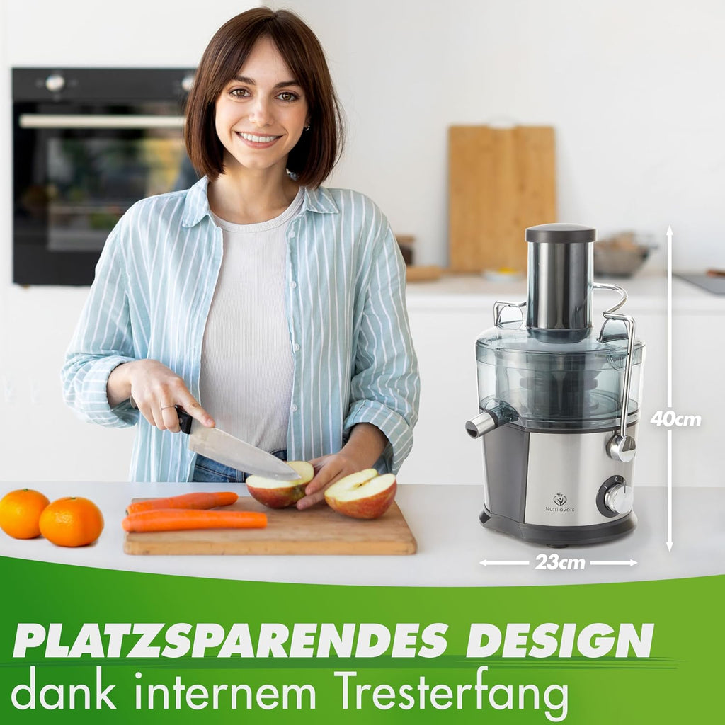 Nutrilovers QUICK-JUICER Centrifuga in acciaio inox per frutta e verdura *Vincitore del test* I Imbocco XXL per spremere frutti interi, 800W, 2 velocità, senza BPA incl. borraccia + ricettario e app