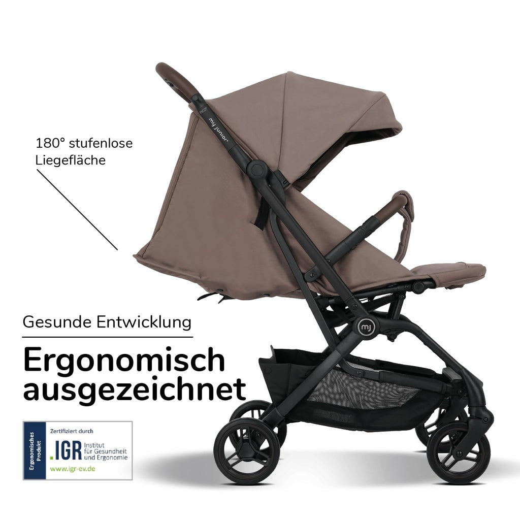 my junior® Buggy PICO³ | bis 22kg | Einhand AutoFold-Klappmechanismus | Ergonomische Liegeposition nach IGR e.V. | großes Sonnenverdeck UV50+ | Handgepäckmaß | 2 Belüftungsfenster Hazel - Black