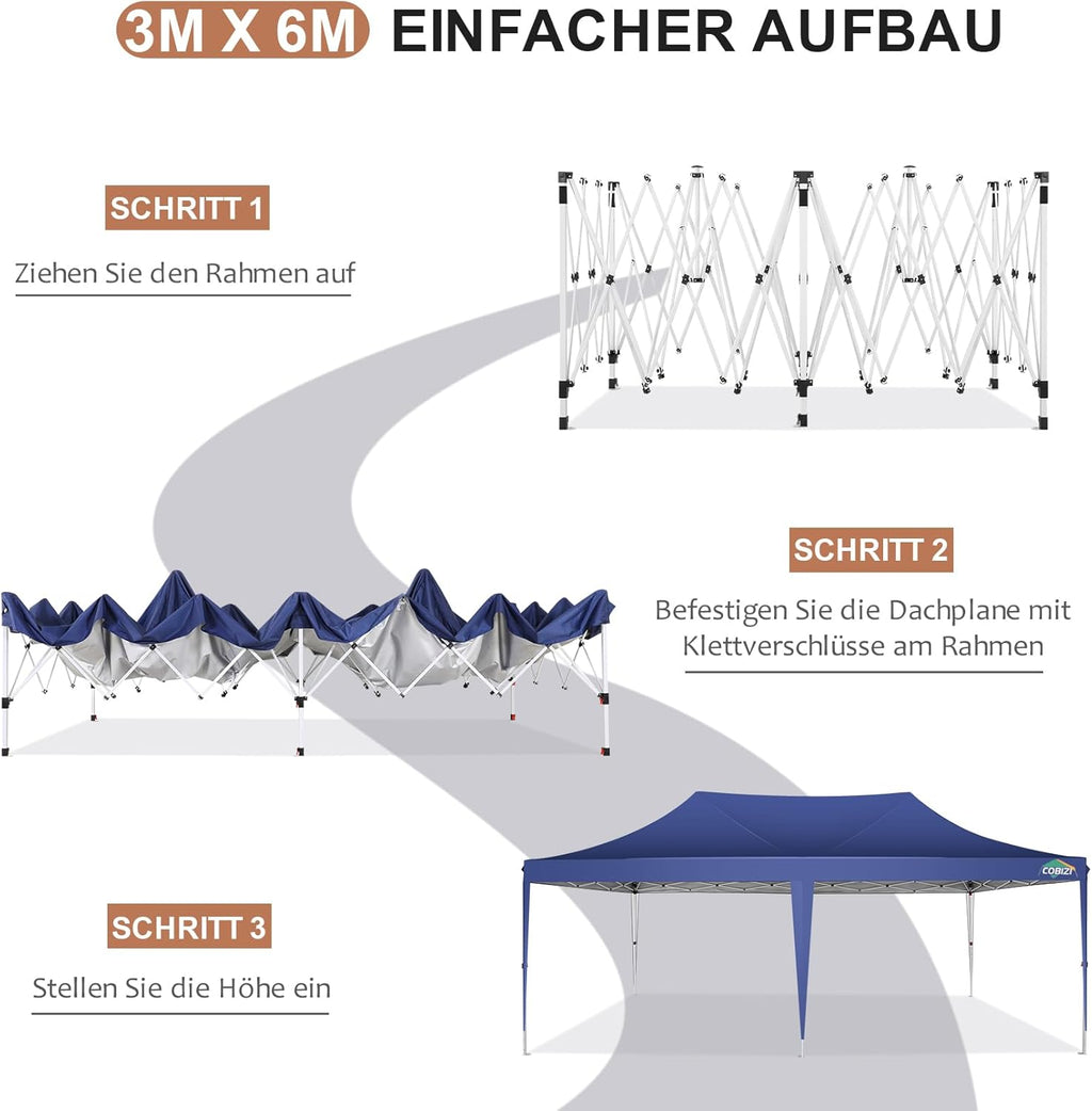 COBIZI Gazebo Pieghevole 3x6 Impermeabile Stabile con 6 Pareti Laterali, Tenda a Padiglione con Tetto a Punta, 3 Altezze Regolabili, Protezione UV, Borsa per Il Trasporto, Picchetti, Corde per Giardino, Matrimoni, Mercati, Eventi all'Aperto