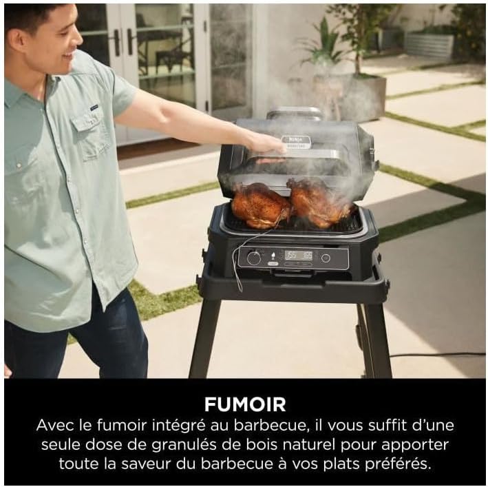 Ninja Woodfire BBQ elettrico e affumicatore e friggitrice ad aria, grill da esterno 7 in 1, friggitrice ad aria, affumicatore, arrostitore, forno e altro ancora, resistente alle intemperie, antiaderente, portatile, elettrico, grigio/nero OG701EU
