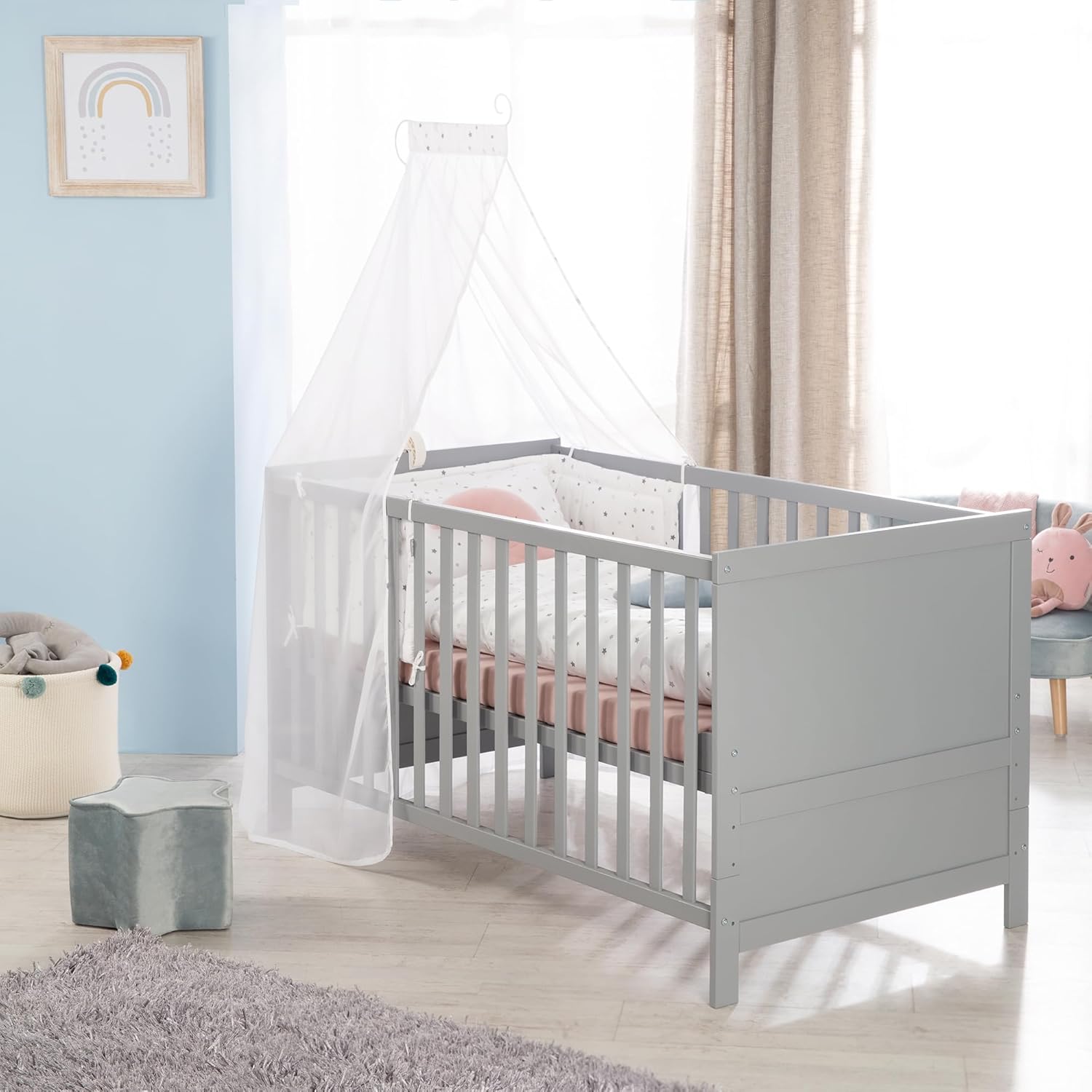 roba Lettino combinato 70 x 140 - Lettino con sbarre regolabile in 3 altezze - 3 pioli rimovibili - Lettino trasformabile in letto junior - Legno color tortora