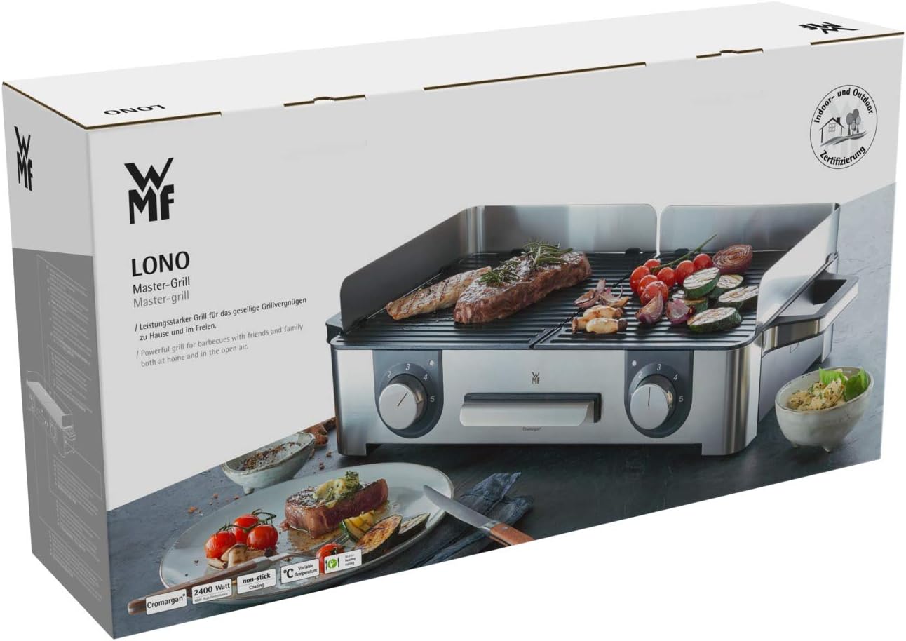 WMF Lono Master-Grill, Grill Elettrico, 50x28 cm, Grill Elettrico da Tavolo con Paravento e Vaschetta Raccogligocce, Certificato per Esterni per Barbecue, 2 Superfici di Cottura Regolabili Separatamente, 2400 W, Acciaio Inossidabile Opaco