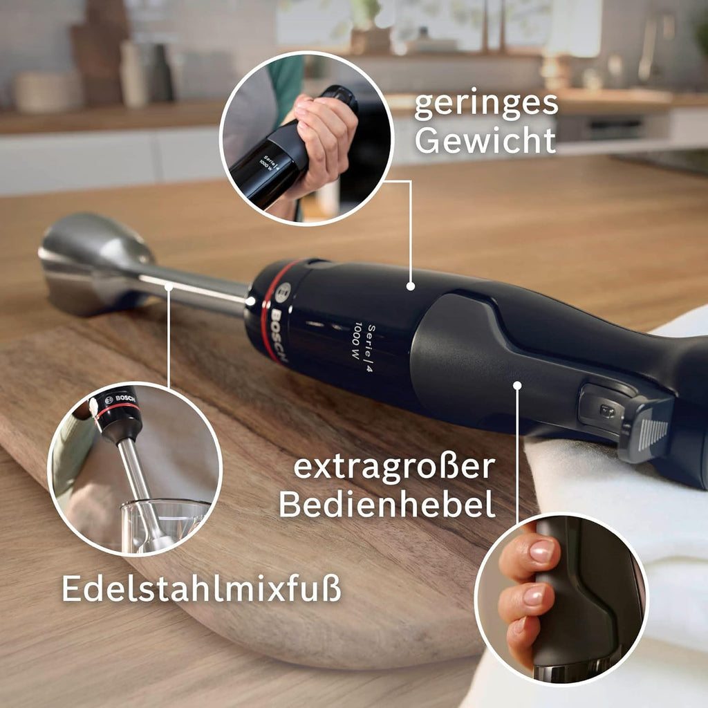 Bosch Frullatore a immersione ErgoMaster Serie 4, 1000 Watt, Piede in acciaio inox, Tritatutto, Bicchiere graduato, nero
