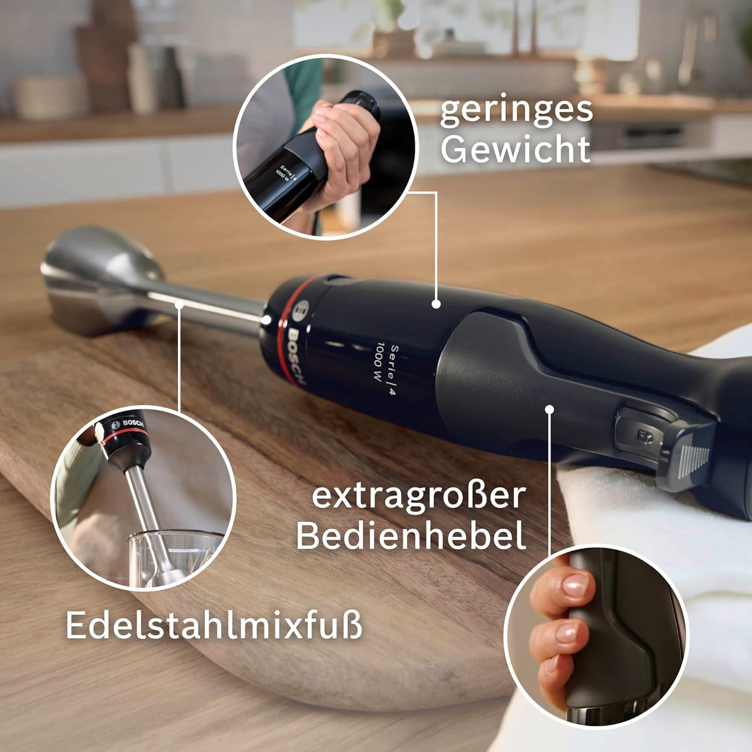 Bosch Frullatore a immersione ErgoMaster Serie 4, 1000 Watt, Piede in acciaio inox, Tritatutto, Bicchiere graduato, nero