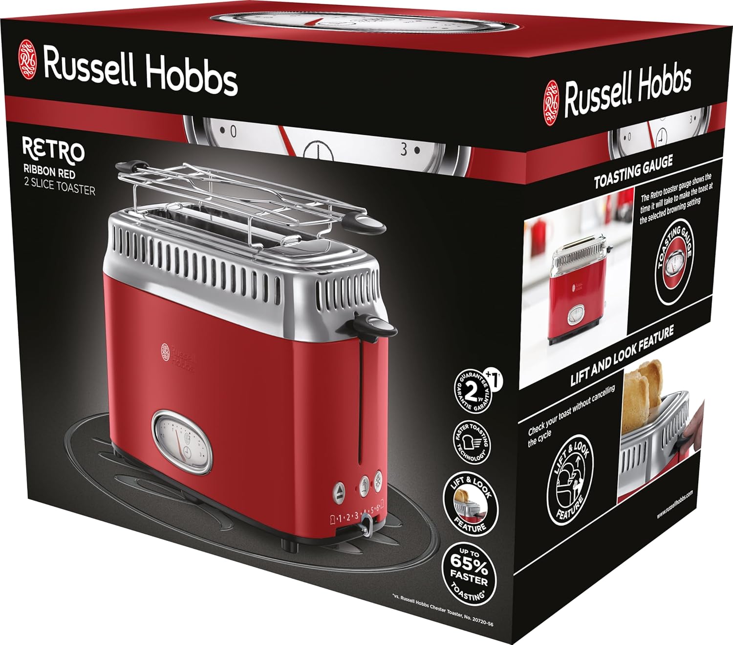 Russell Hobbs Tostapane [a 2 Fette] Retro Acciaio Inossidabile Rosso (Display Countdown in design retrò, incluso accessorio per panini, 6 livelli di doratura + funzione scongelamento e riscaldamento, 1300W) Vintage 21680-56