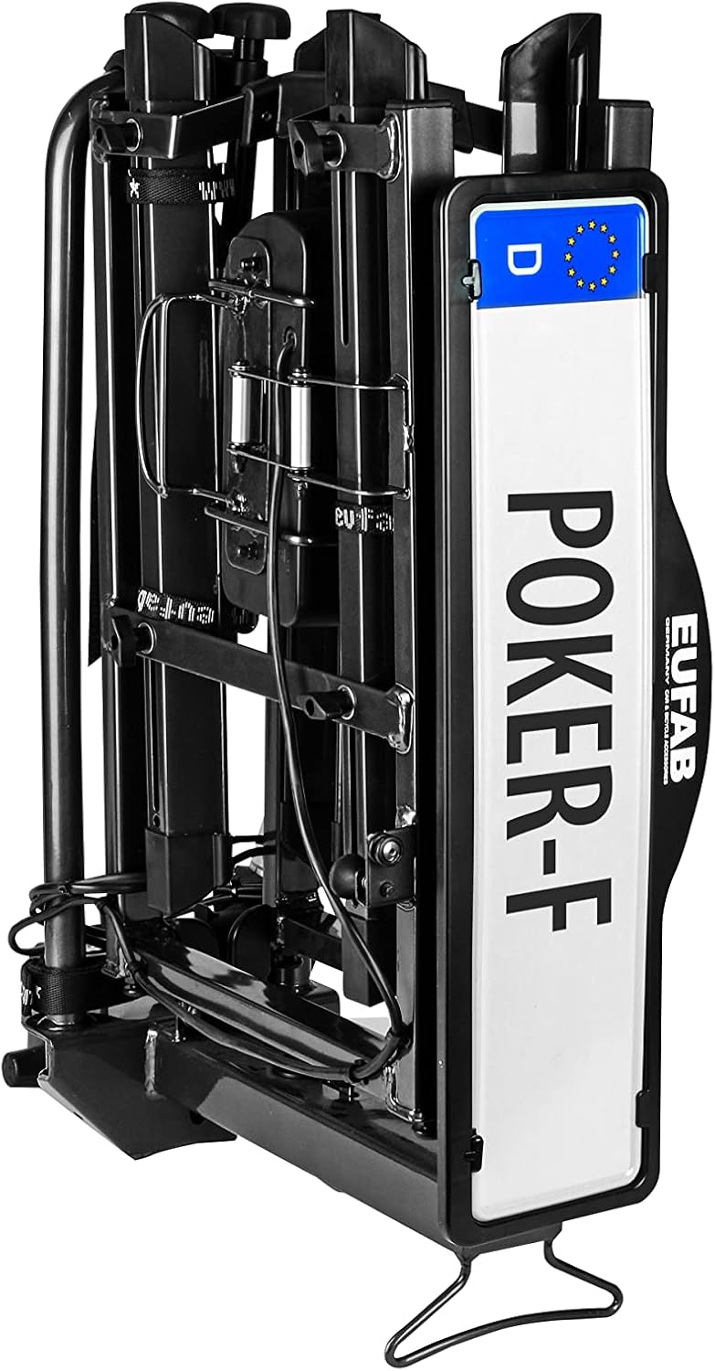 EUFAB 12010LAS Portabici POKER-F, adatto per E-Bike, completamente preassemblato, antifurto, per 2 biciclette, per gancio di traino, Nero, 142 x 70 x 58 cm