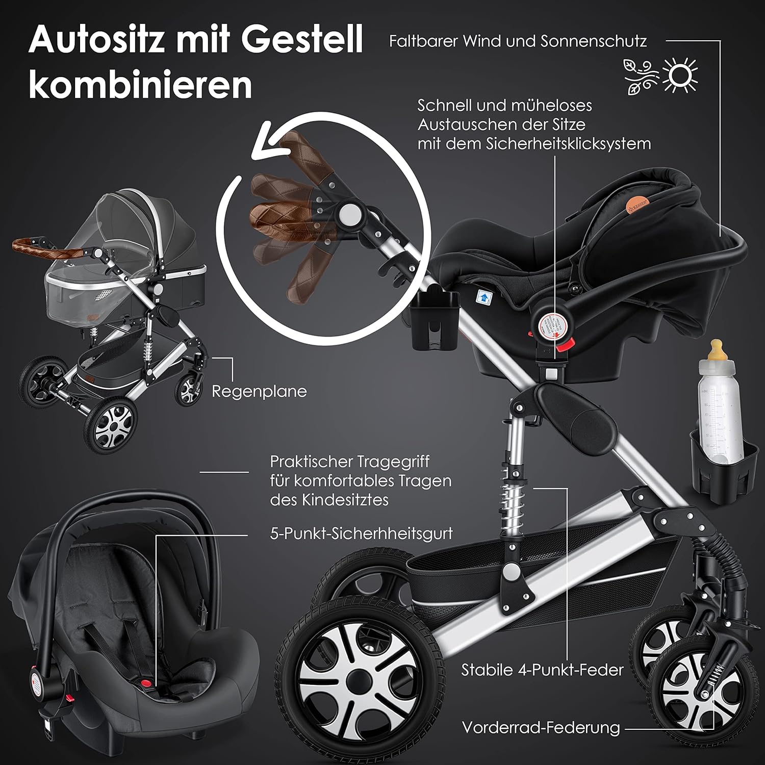 KESSER Loops 3 in 1 Passeggino Combinato, Set Completo con Navicella, Seduta Sportiva Buggy e Seggiolino Auto Ovetto, Gomme Piene, Borsa Fasciatoio, Parapioggia, Tavolino, ECE R129, Nero/Champagne