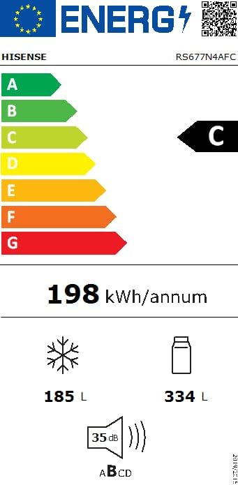 Hisense RS677N4BFD Frigorifero Americano Side by Side / Compressore Inverter / Porta Bottiglie / 2 FreshZone / Vano Verdure / Capacità Frigo 334 L / Capacità Congelatore 185 L / 41 dB / 247 kWh all'anno, Nero
