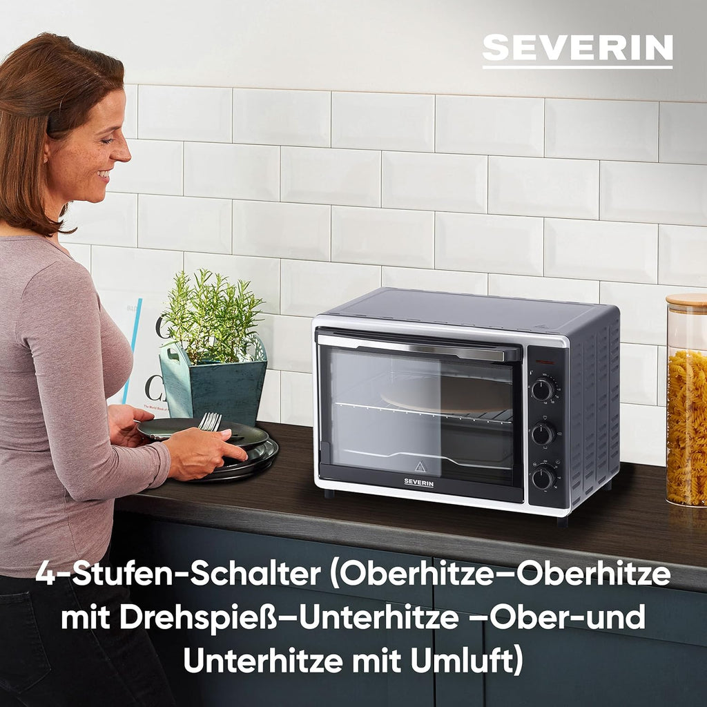 SEVERIN Forno e Tostapane con funzione ventilata, Mini Forno con griglia, teglia da forno, spiedo rotante e pietra per pizza, forno ventilato versatile con capacità di 42 L, 1.800 W, nero, TO 2058