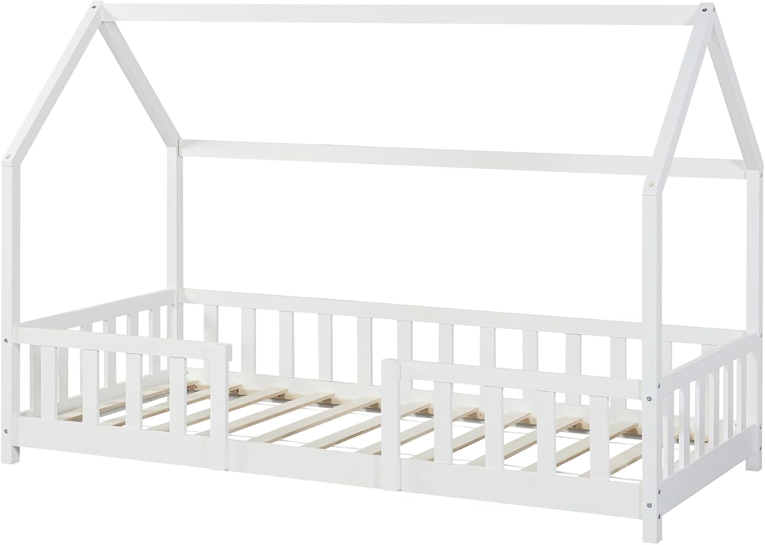 [en.casa] Letto per bambini Sisimiut a capanna 80 x 160 cm con protezione anticaduta letto in legno per bambini letto a terra rete a doghe in legno di pino Bianco opaco