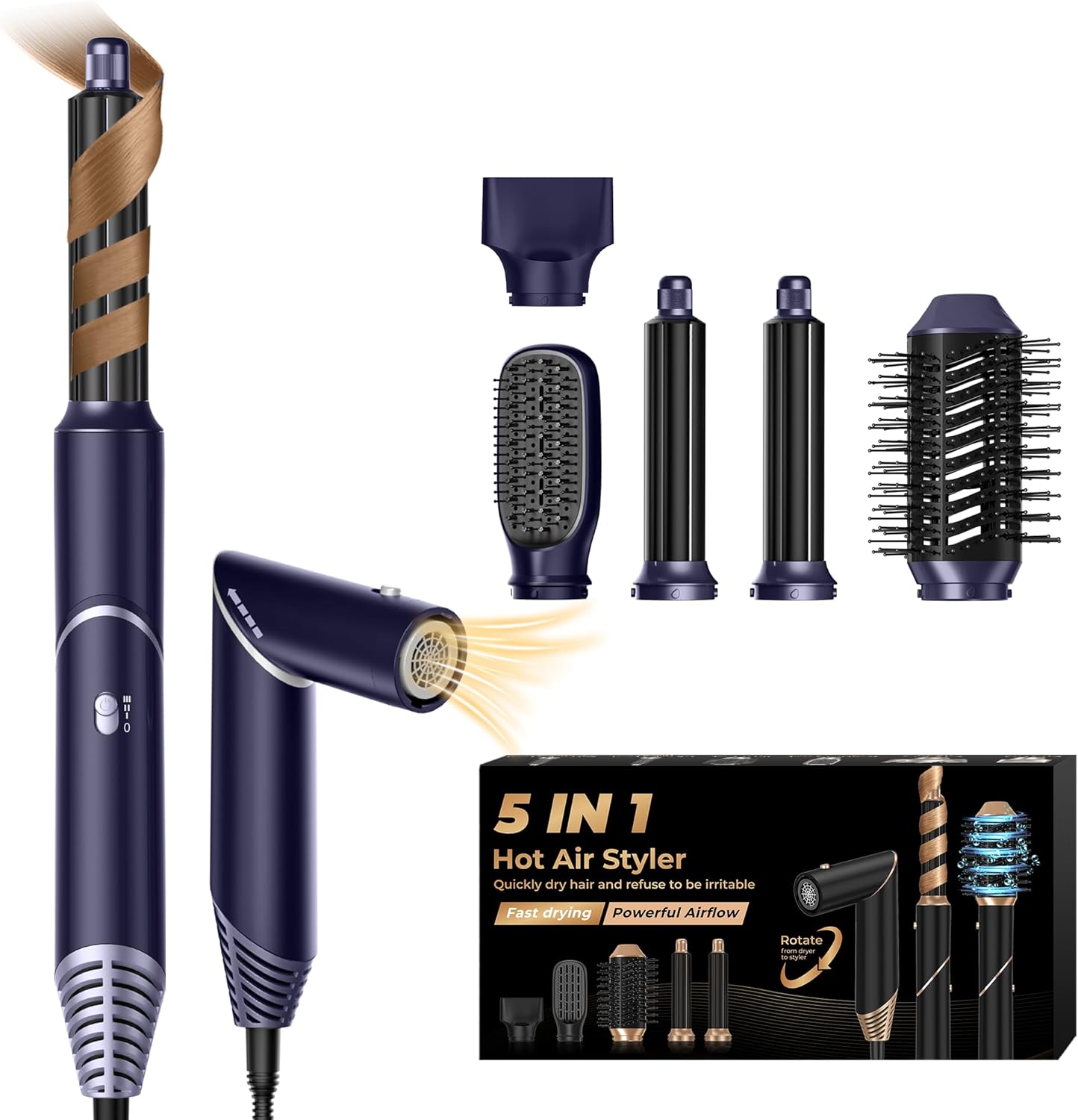 UKLISS 7 in 1 Pro Airstyler & Ionen Föhn [110,000RPM] High-speed Haartrockner Ionen Hair Dryer, mit Heißluft Lockenwickler Thermal Brush Haarglätterbürste Warmluftbürste Föhnbürste, 1200W/Blau