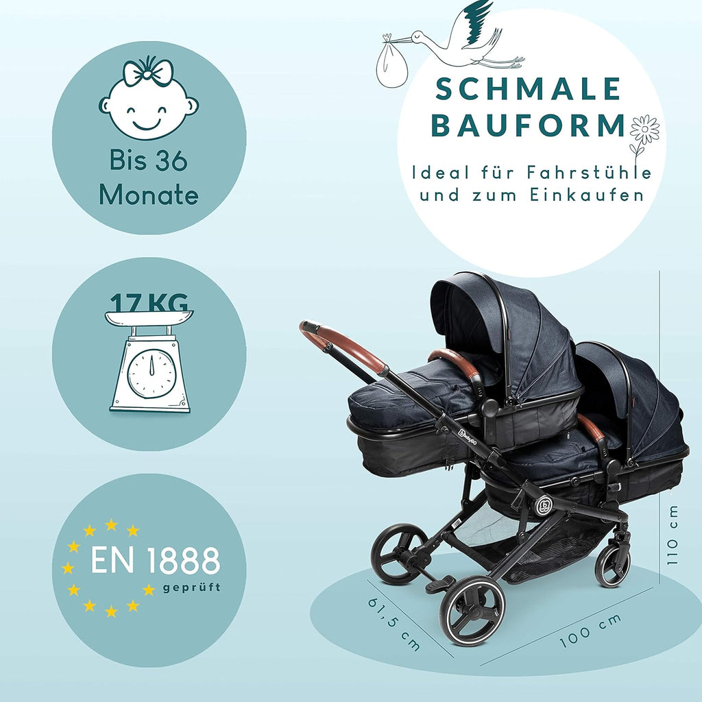 babyGO Passeggino 3 in 1 per gemelli - Passeggino fratellare/Passeggino per fratelli per neonati - Passeggino gemellare/Passeggino per 2 bambini con molti accessori (Blu Melange-senza ovetto)
