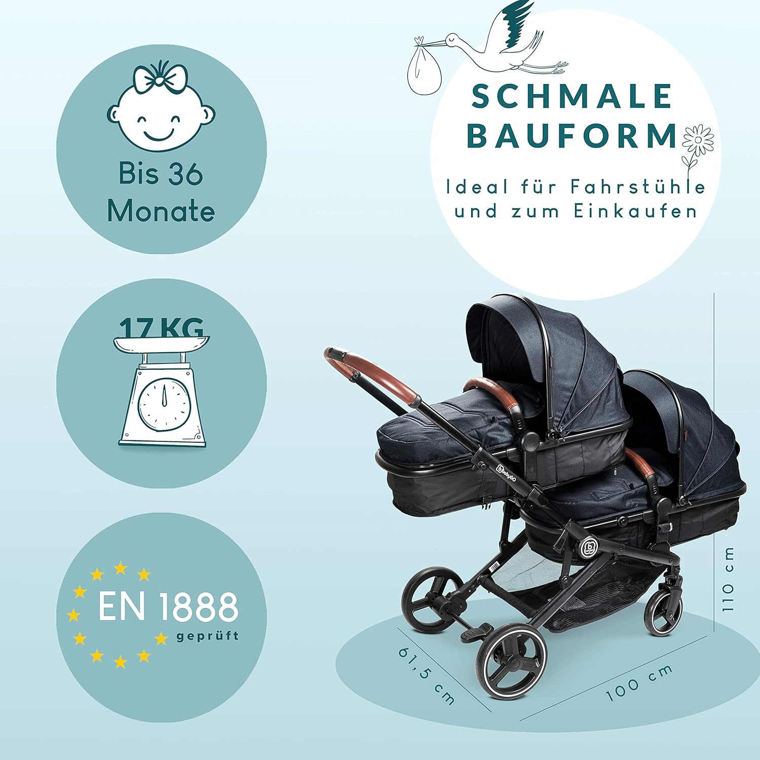 babyGO Passeggino 3 in 1 per gemelli - Passeggino fratellare/Passeggino per fratelli per neonati - Passeggino gemellare/Passeggino per 2 bambini con molti accessori (Blu Melange-senza ovetto)