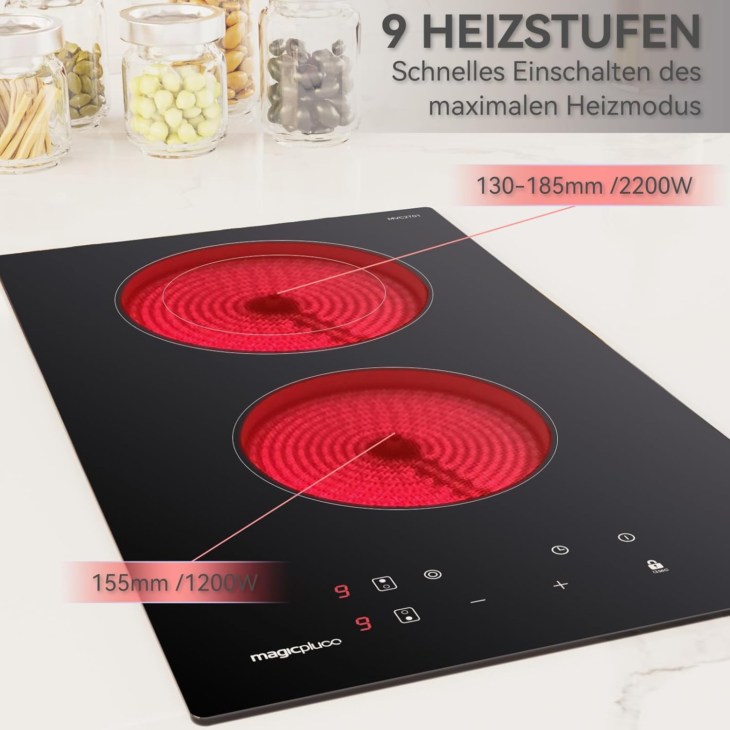 Piano cottura a induzione magicplux 60 cm, 4 zone di cottura a induzione con due zone flessibili, 9 livelli di potenza e funzione booster, timer 1-99 minuti, 7200 W