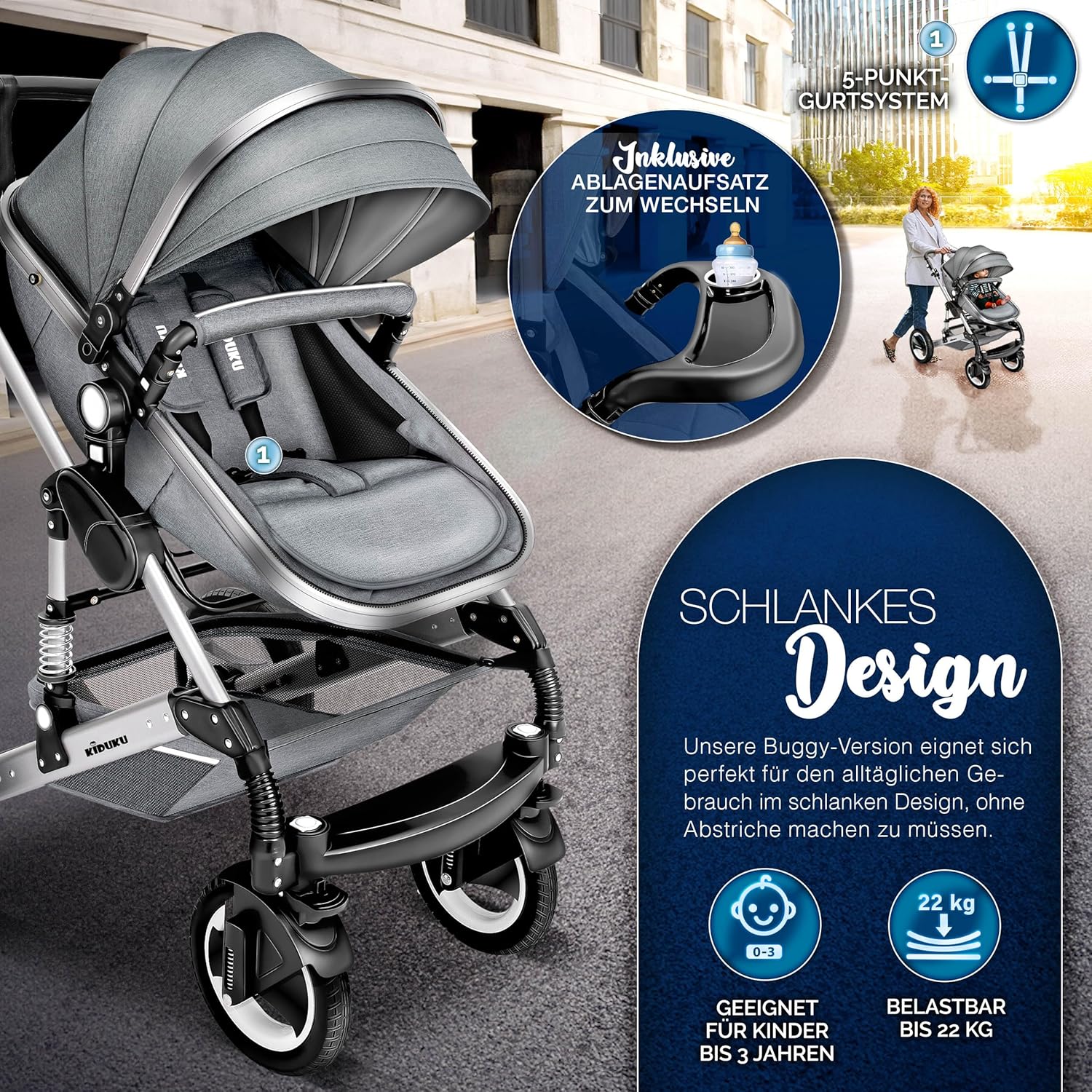 KIDUKU® Set completo passeggino 3 in 1 | Set passeggino combinato con navicella e sedile sportivo passeggino e seggiolino auto ovetto sacco a pelo | Ruote in gomma piena borsa per il cambio scaldamani parapioggia tavolino ECE R129