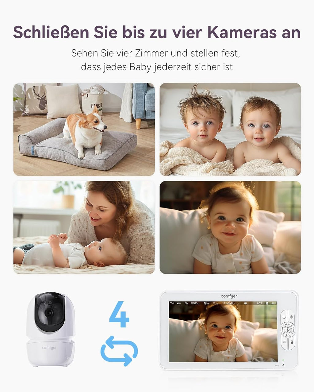 Comfyer Baby Monitor Video Split-Screen con 2 Telecamere, 7" HD 720P Telecamera Nido Wireless con Staffa, Visione Notturna IR, Obiettivo Grandangolare, Modalità Vox, Audio a 2 Vie, Portata di 300 Metri